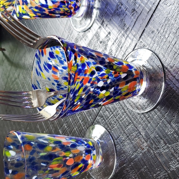 One Source Handmade Hand Blown Confetti  Glass Drinkware Six" Tall  Blue Orange - Picture 3 of 16